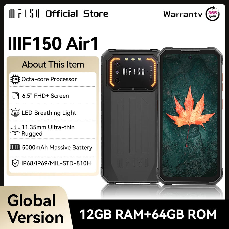 IIIF150 Air1 Rugged Phone Smartphone 5000mAh Battery 6.5" FHD+ Display 20MP Camera NFC IP68 IP69K 11.35MM Ultra-Thin Rugged