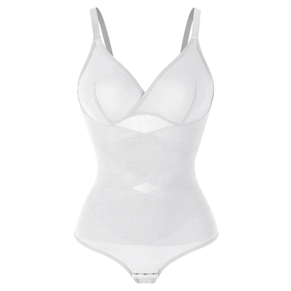Cross Waist Tummy Control Body Shaping Bodysuit for Women Full Body Control V-Neck Mesh Breathable Briefs Underwear Butt Lifter