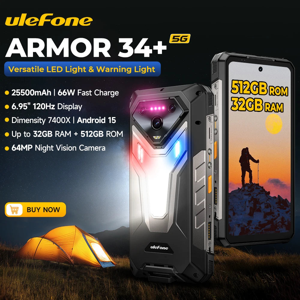 Ulefone Armor 34+ 25500mAh Rugged Phone 5G AI Smartphone Android 15 Up to 32GB+512GB 64MP Night Camera 6.95" 120Hz Display NFC Main image