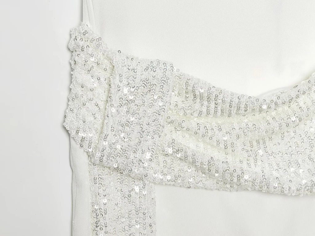 HH 2026 Women Elegant White Short-Sleeved Backless Sequined Splicing Decoration Sexy Short Dress Woman Fashion Party Mini Dress