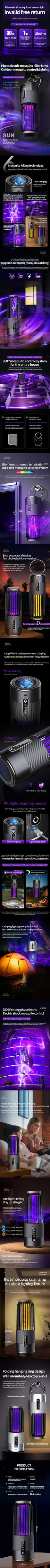 2500V Solar Powered Mosquito Killer Solar Charging Outdoor Camping Mosquito Lamp 3-Level Timing Control Mosquito Terminator