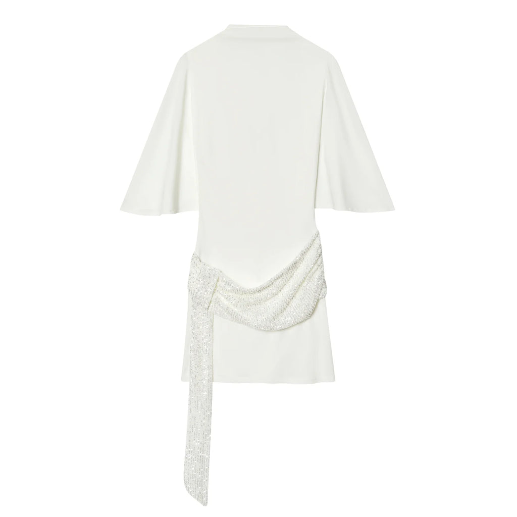 HH 2026 Women Elegant White Short-Sleeved Backless Sequined Splicing Decoration Sexy Short Dress Woman Fashion Party Mini Dress