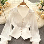 White Casual Polo-Neck Pullover Buttons Puff Sleeve Straight Women's Blouse Short Shirt Female Clothing Tops 2024 Fashion