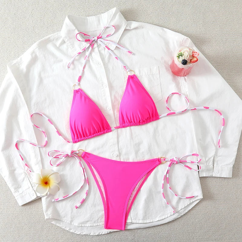 Sexy Triangle Bikini 2026 Women`s Swimsuit Halter Tie Back Micro Bikinis Sets Lace Up Female Swimwear Beach Wear Bathing Suits