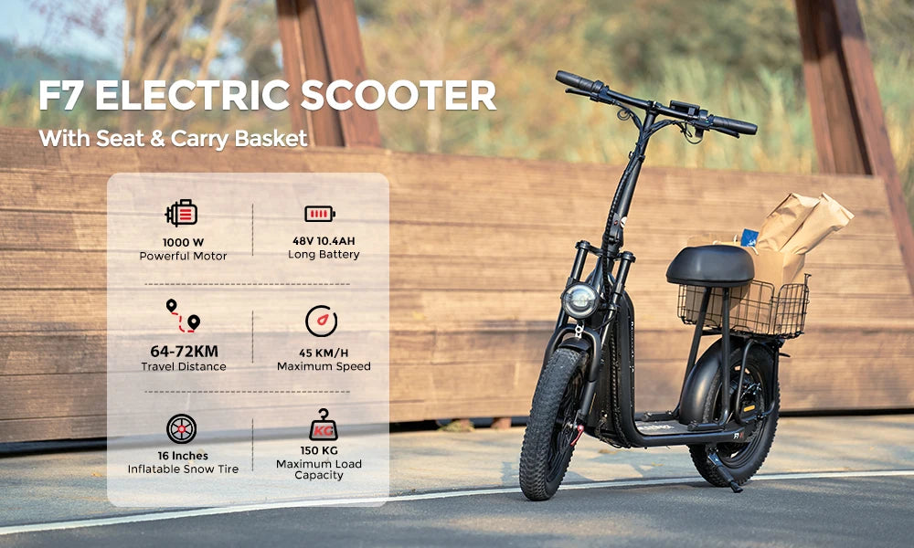 iScooter F7 48V 1000W E-Scooter 45km/h 72km Range App Control 16" All-Terrain Tires Foldable Rear Basket Perfect Grocery Helper