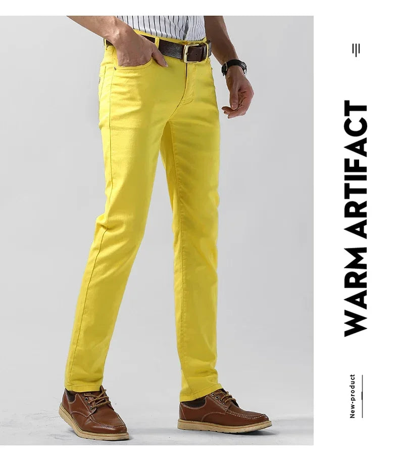5 Colors Men's Colorful Denim Stretch Stretch Jeans Elastic Yellow Pink Red Slim Male Clothing Simple Business Denim Trousers