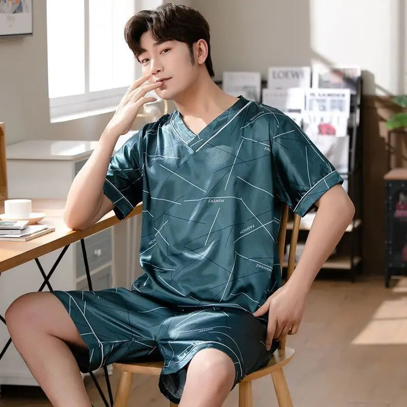 Pajamas Men Ice Silk Thin Short-Sleeved Two-Piece Suit Korean Version of the Loose Large Size Men Home Clothing with Letters Main image