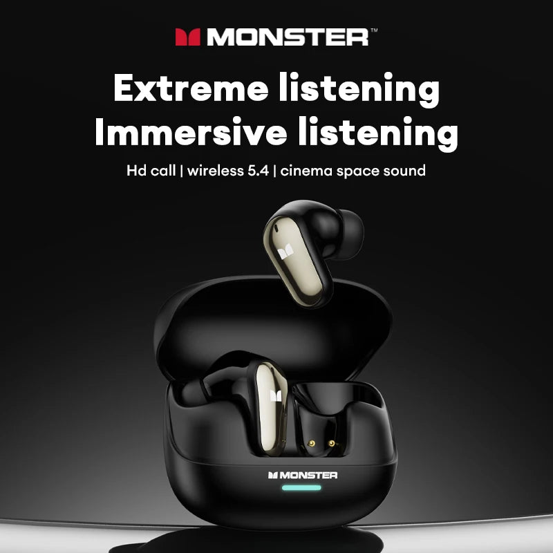 Monster MQT52 Bluetooth 5.4 Wireless Earphones 24H Long Battery Life Stereo Headphones Low Latency Gaming Dual Mode Headset Gift
