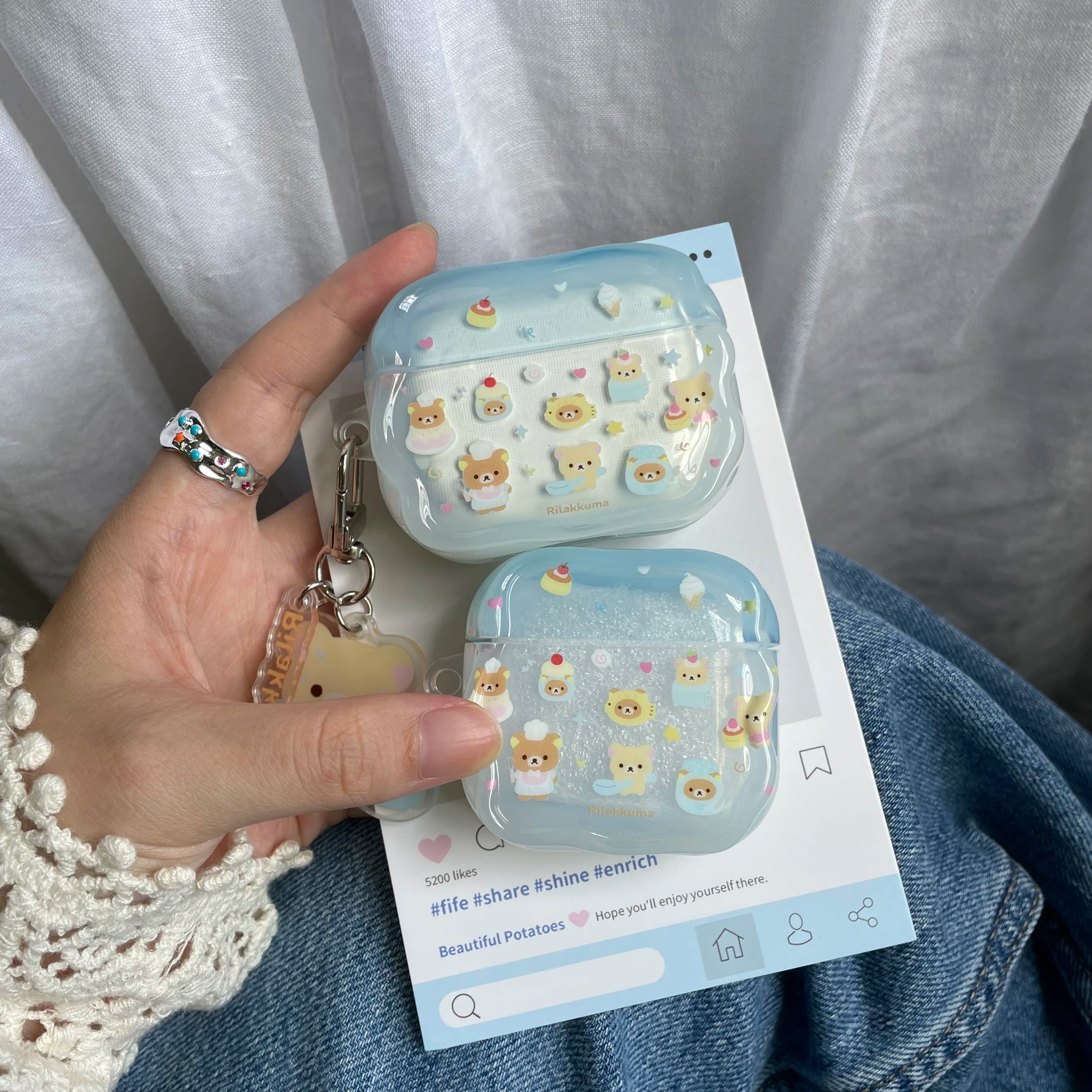 Cartoon Cake Bear Blue Wave Case for AirPods 2 3 4 ANC Cover with Keyring for Apple AirPod Pro 3 2025 Earphone Protective Cases Main image