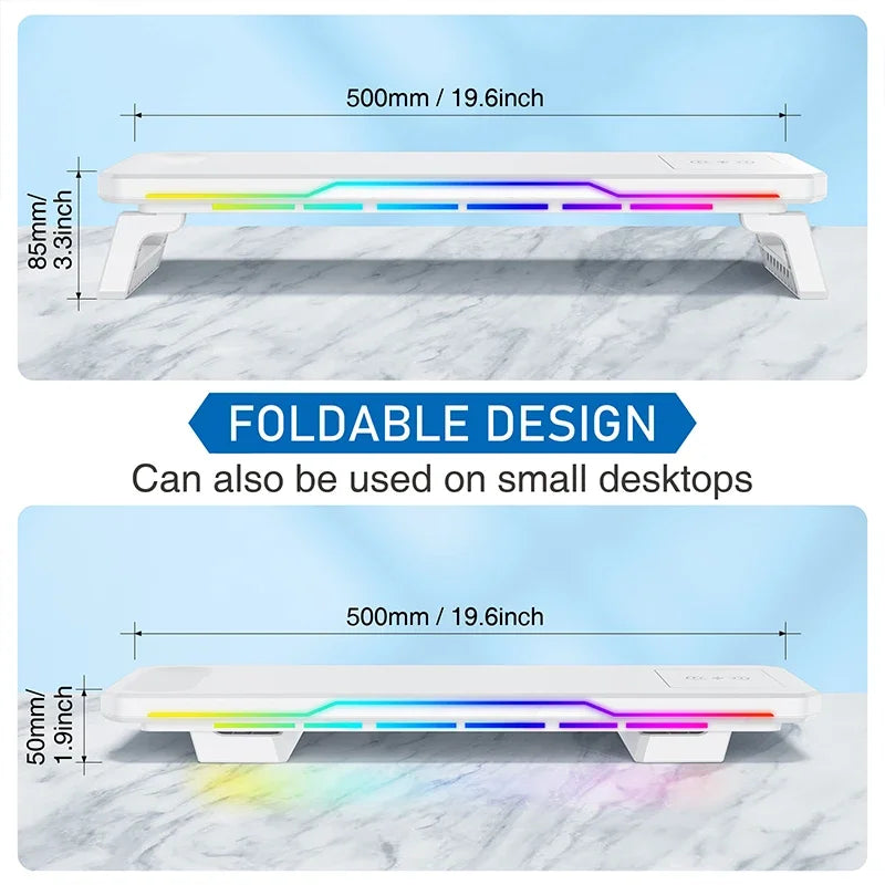 RGB Light Effect Rechargeable Desktop Monitor Height Stand 3 USB 2.0 Port Universal Laptop Storage Rack With Wireless Charging