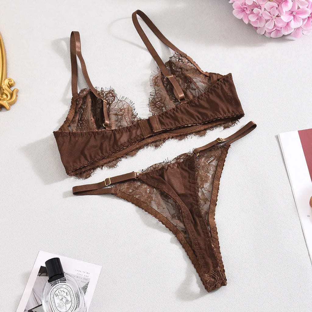 Elegant Lingeries Sexy Hot Exclusive Coffee Bra Belt Thong 3PC with Leg Circles Cute Intimate Lace Tempted Tipsy Set