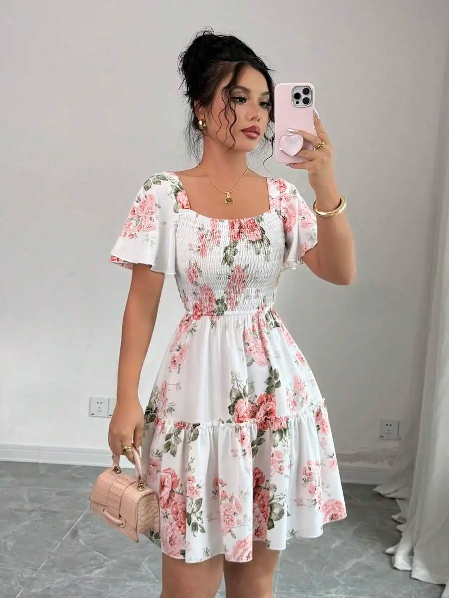 Women Floral Print Sashes Ruffle Hem Short Sleeve Casual Dress, Vacation Style Women's Evening Dresses Main image