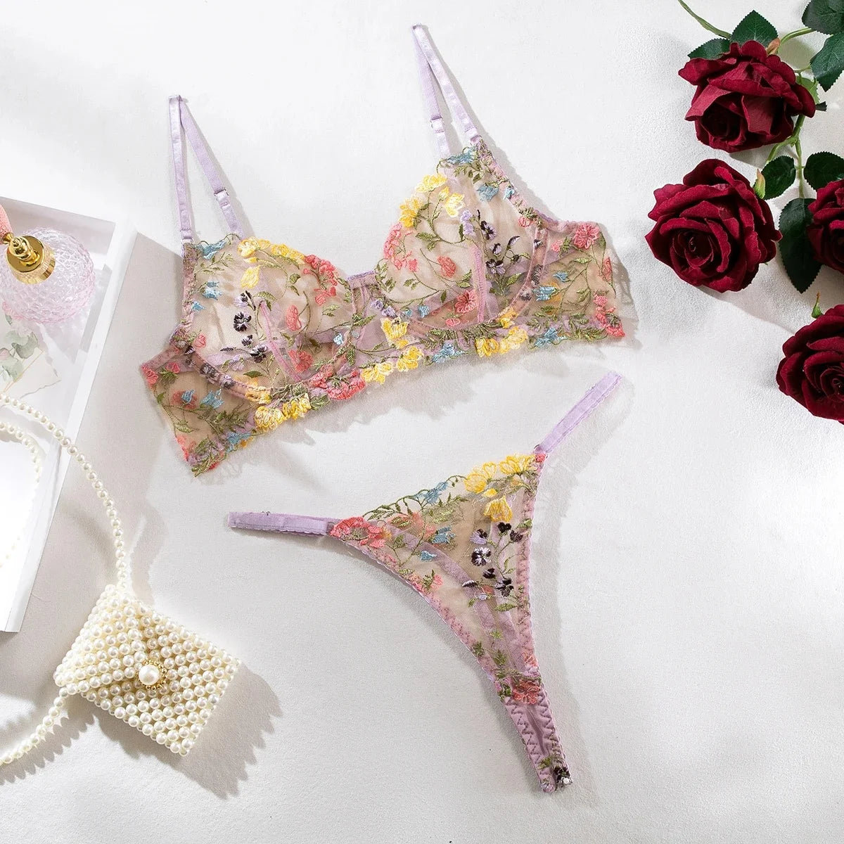 Yimunancy Floral Embroidery Lingerie Set Women Sheer 2-Piece Boho Bra + Panty Underwear Set Intimates