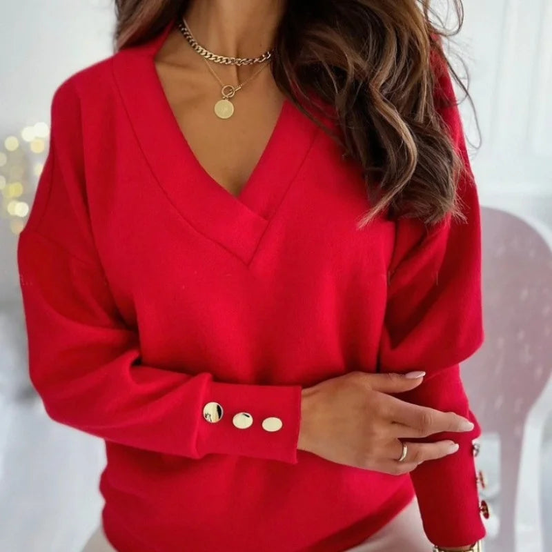 Spring Autumn Women Pure Soft Long Sleeve Sweater V-neck Fashion Jumper Office Lady Button Loose Casual Pullover Top Sweaters