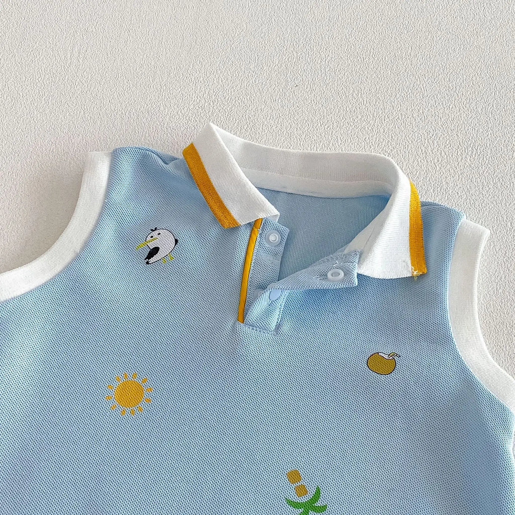 2026 New Summer 0-2Y Baby Clothes Cartoon Print Sleeveless Polo Romper Breathable Mesh Fabric with Placket Snap Closure