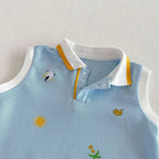 2026 New Summer 0-2Y Baby Clothes Cartoon Print Sleeveless Polo Romper Breathable Mesh Fabric with Placket Snap Closure