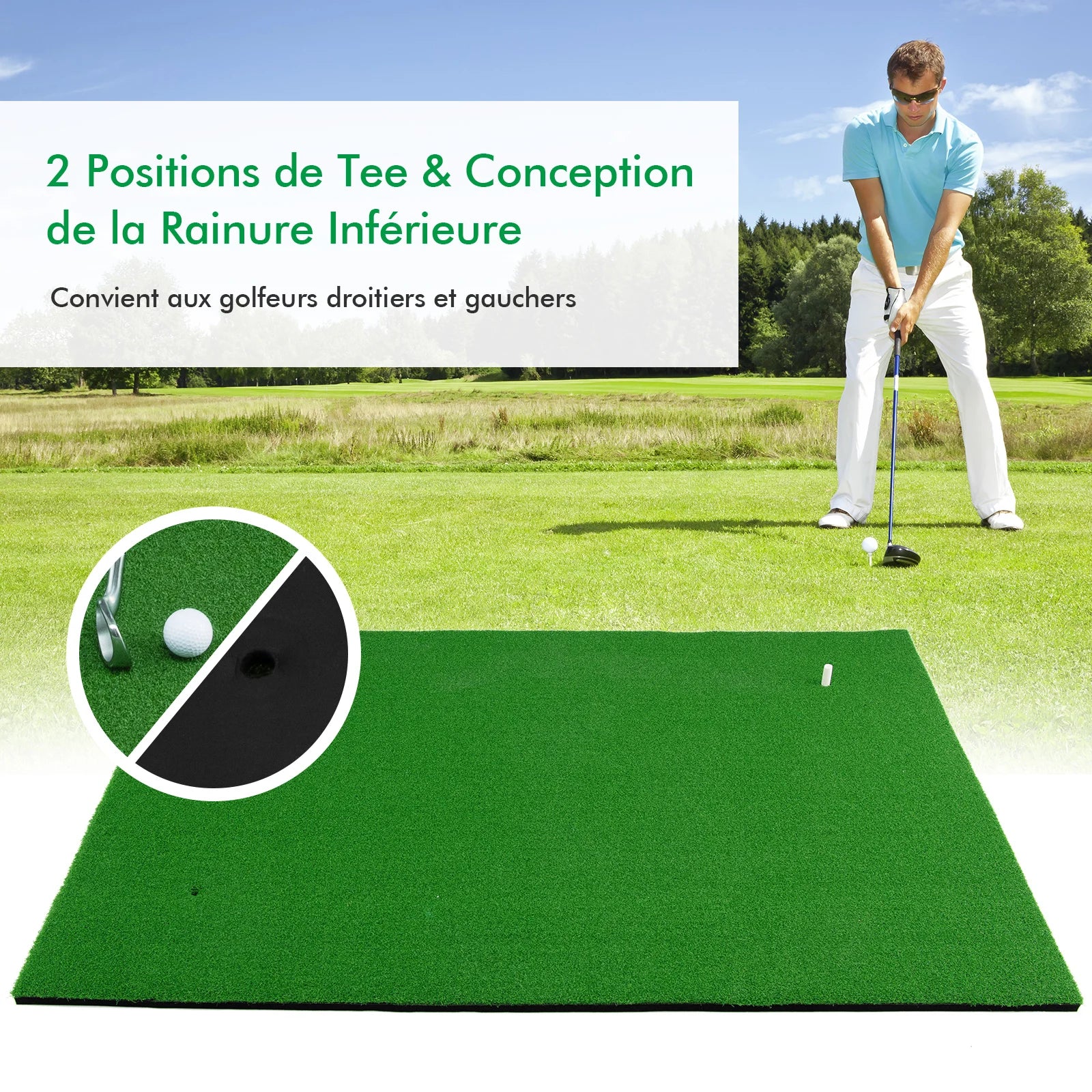 Golf Hitting Mat, Reel Feel Golf Practice Mat with Synthetic Turf and 2 Tee Positions, 3 Rubber Tees Included, Golf Putting