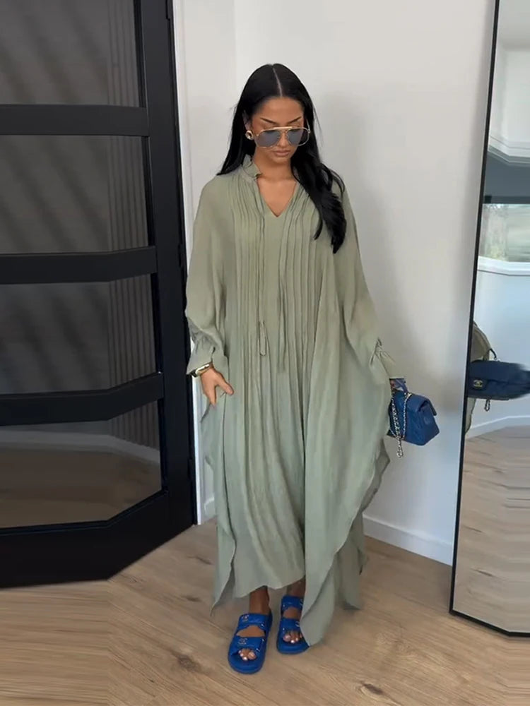 Maxi Dress Women's Dresses Batwing Sleeve Beige Ruffle Tie Neck Pleated Oversized Woman Clothes Casual Wear Summer Outfit