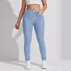 Women High Waist Stretch Denim Jeans Hip Lifting Skinny Pencil Pants Ladies Full Length Slim Solid Color Trousers