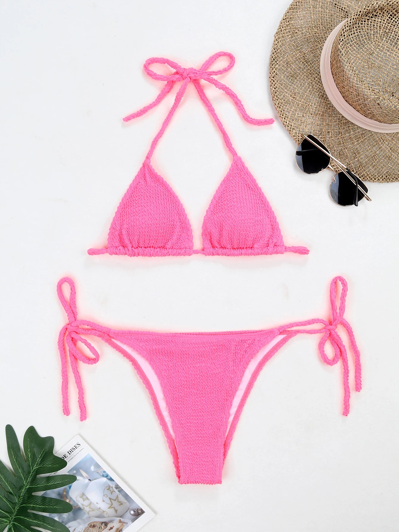 Summer wrinkled fabric special fabric wave strip sexy bikini women fluorescent strap split swimsuit women