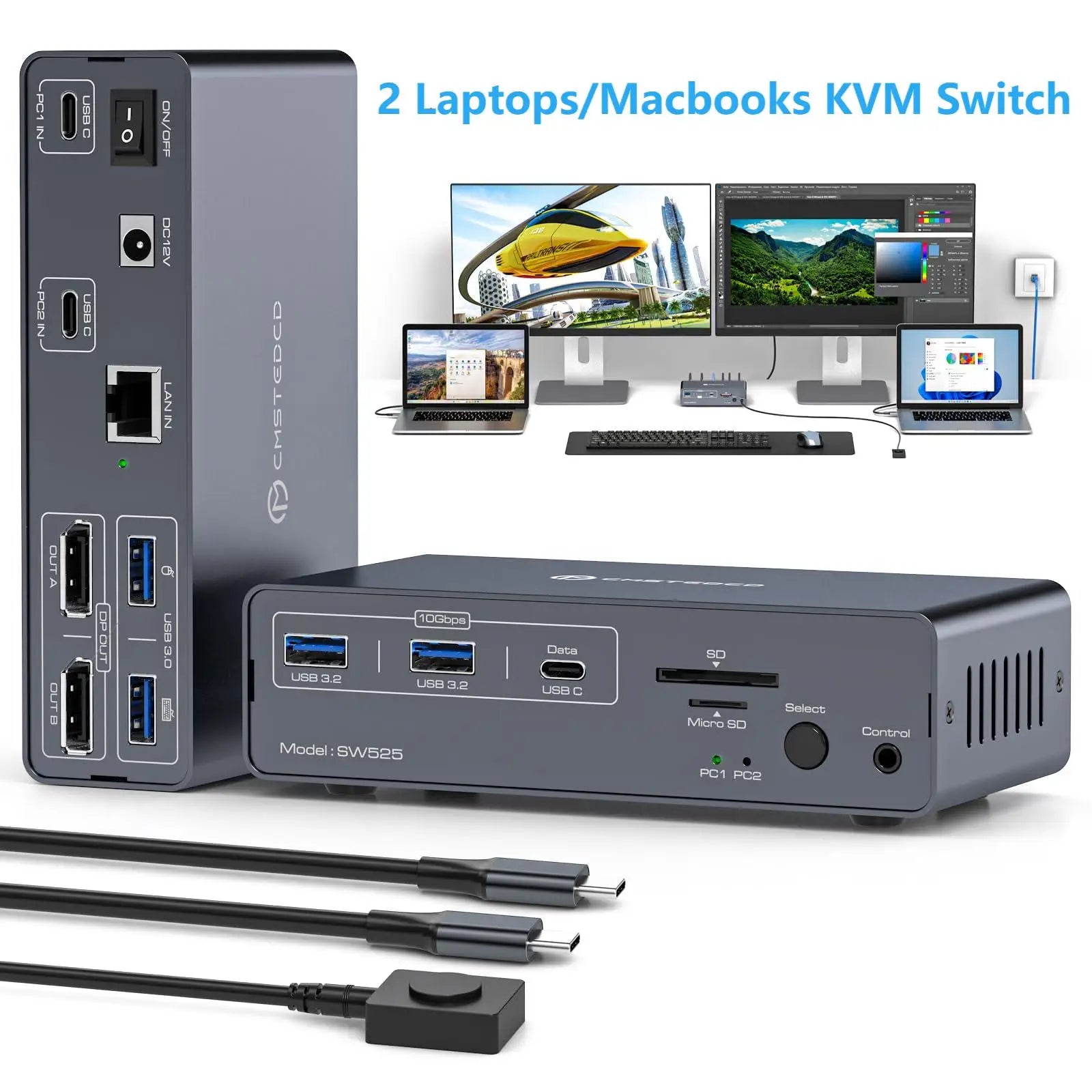 4K@120Hz USB C Docking Station Dual Monitor KVM Switch for 2 Laptops or Macbooks Switch(12-in-1) Type C Dock with 2 Displayport Main image