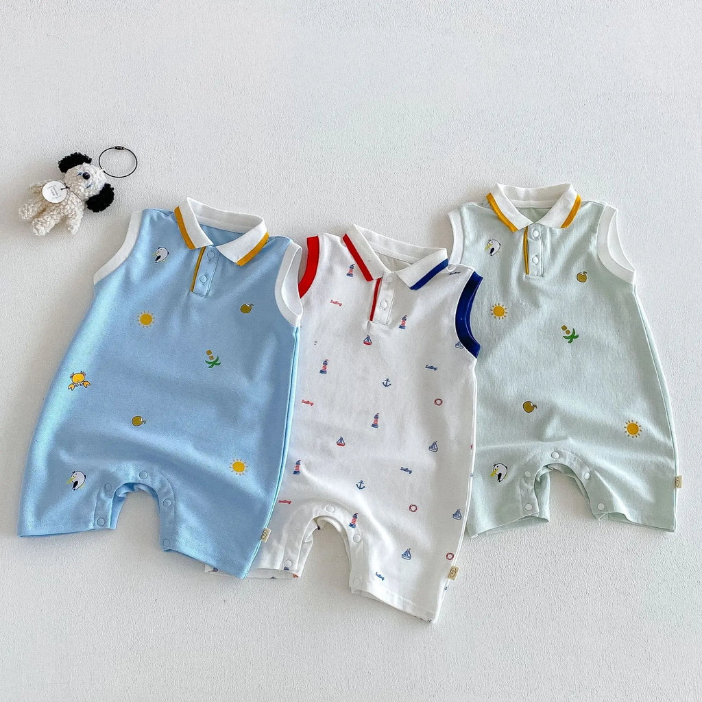 2026 New Summer 0-2Y Baby Clothes Cartoon Print Sleeveless Polo Romper Breathable Mesh Fabric with Placket Snap Closure