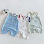 2026 New Summer 0-2Y Baby Clothes Cartoon Print Sleeveless Polo Romper Breathable Mesh Fabric with Placket Snap Closure