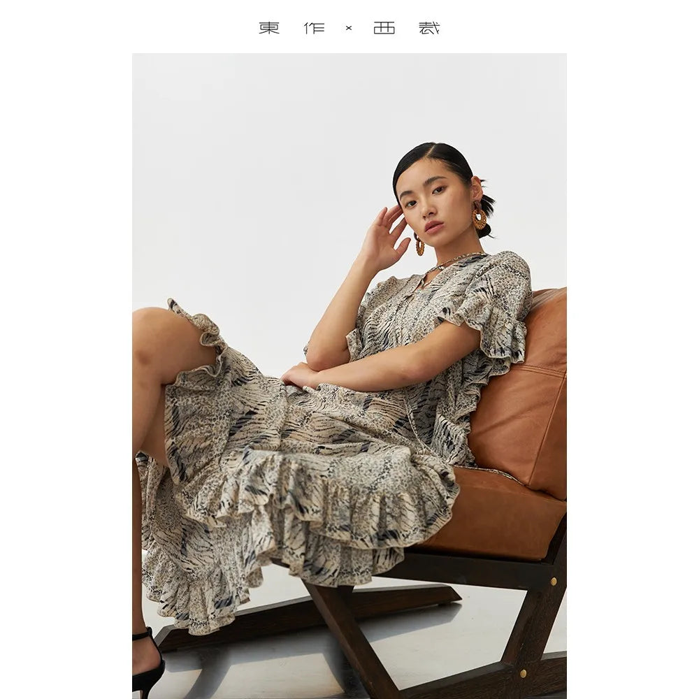 Animal Fiber Fabric~ Casual Dress for Women, Ruffled Silk Dress, Designer Niche Silk Long Dress, New Women's Fashion
