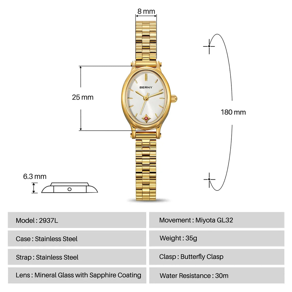 BERNY Gold Watch for Women Olive Green Quartz Jewelry Bracelet Casual Jewelry Women's Wristwatch Small Fashion Ladies Watches