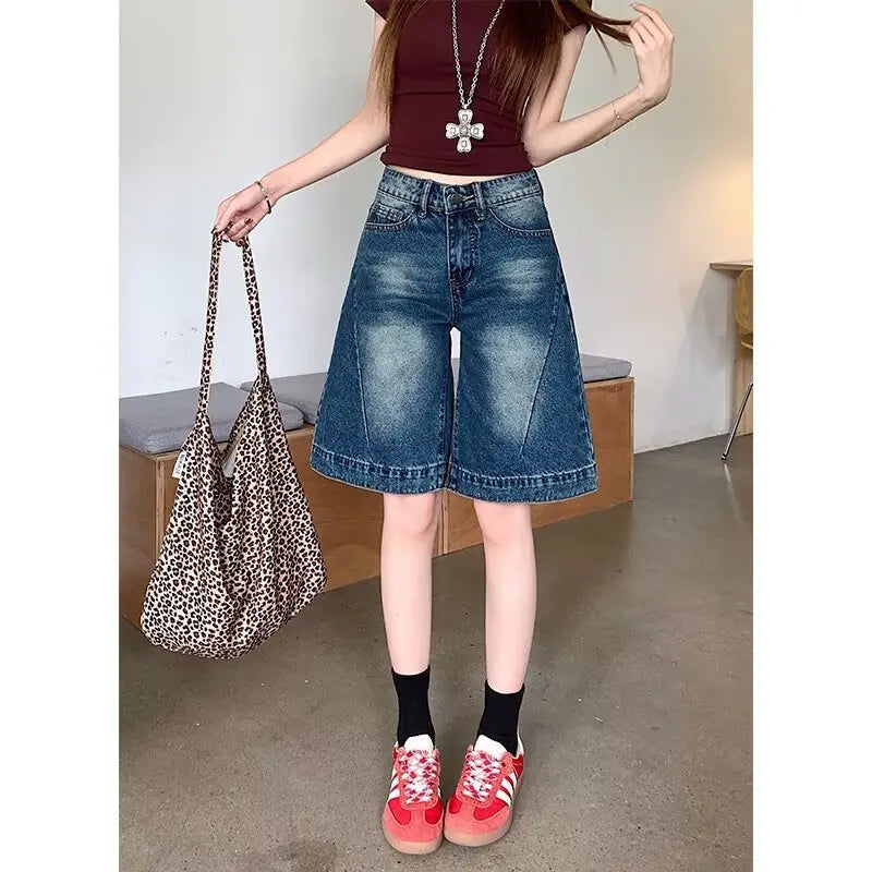 Spicy Girl Retro American Five-Point Denim Shorts Women Summer New Loose Design Slim Straight Leg Wide Leg Medium Pants