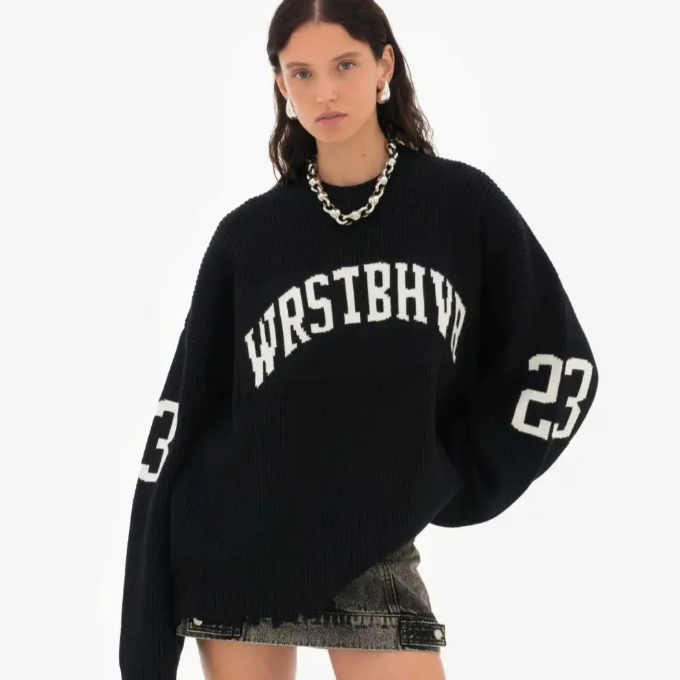 Trendy Loose Letter Jacquard Knitted Pullover Women's 2025 Autumn New Highstreet Gray Black Soft Sweater Hottie Versatile Pieces