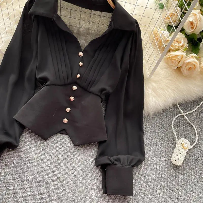 White Casual Polo-Neck Pullover Buttons Puff Sleeve Straight Women's Blouse Short Shirt Female Clothing Tops 2024 Fashion