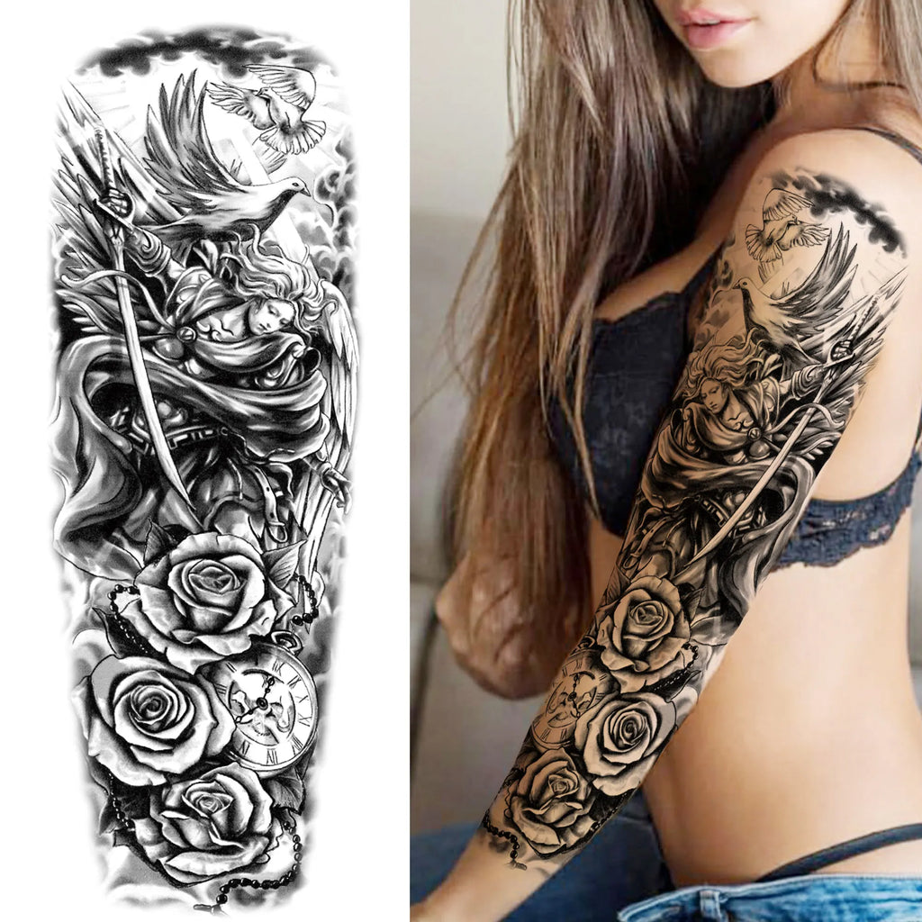 Compass Robot Arm Temporary Tattoos Sleeve For Men Women Realistic Fake Skull Angel Full Arm Tatoos Maori Totem Tattoo Sticker