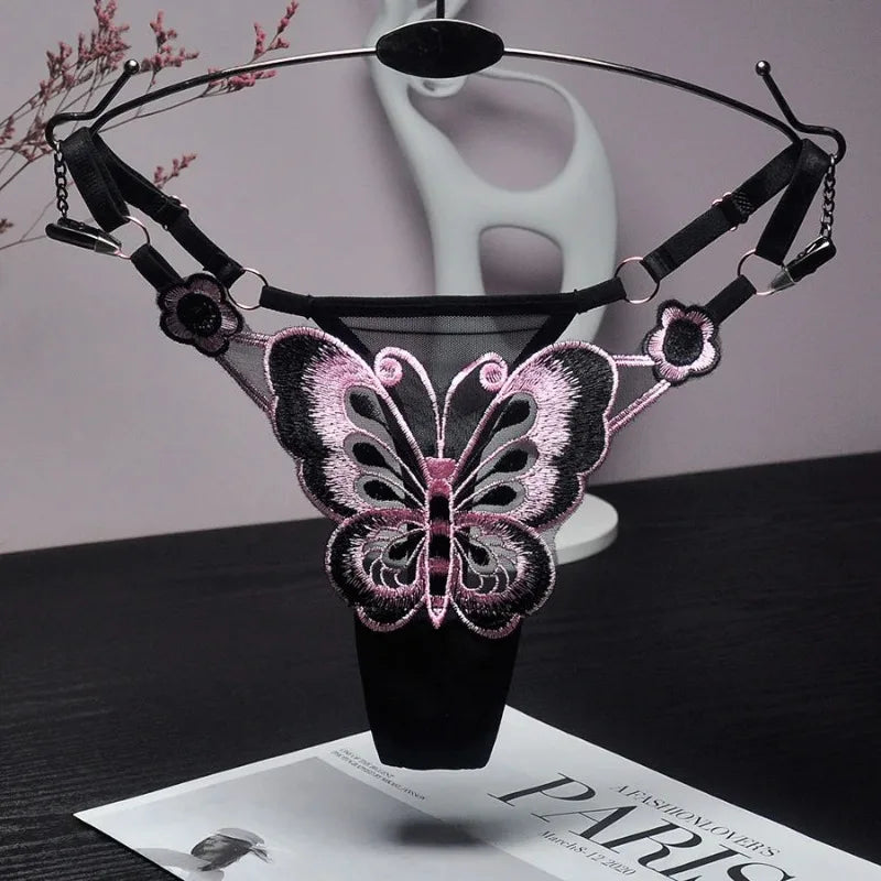 Sexy Lace Thong Women Butterfly Low Waist Panties G strings Transparent Mesh Briefs Adjustable Waist Panties Culotte Femme Main image