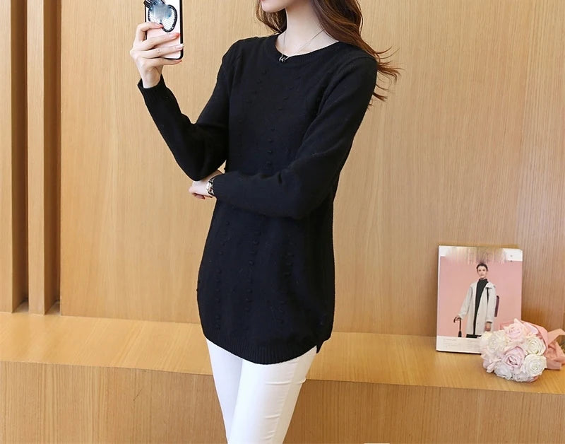 Knitted Jumper Autumn Winter Tops O-neck Long Sleeve Pullovers Casual Warm Women's Sweaters Midi Long Slim Sweater Girls