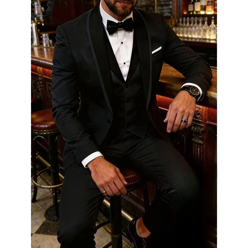 Men'S Blue Fruit Collar Three-Piece Formal Suit Set Shoulder-attached Collar Formal Wedding And Ball Suit Set