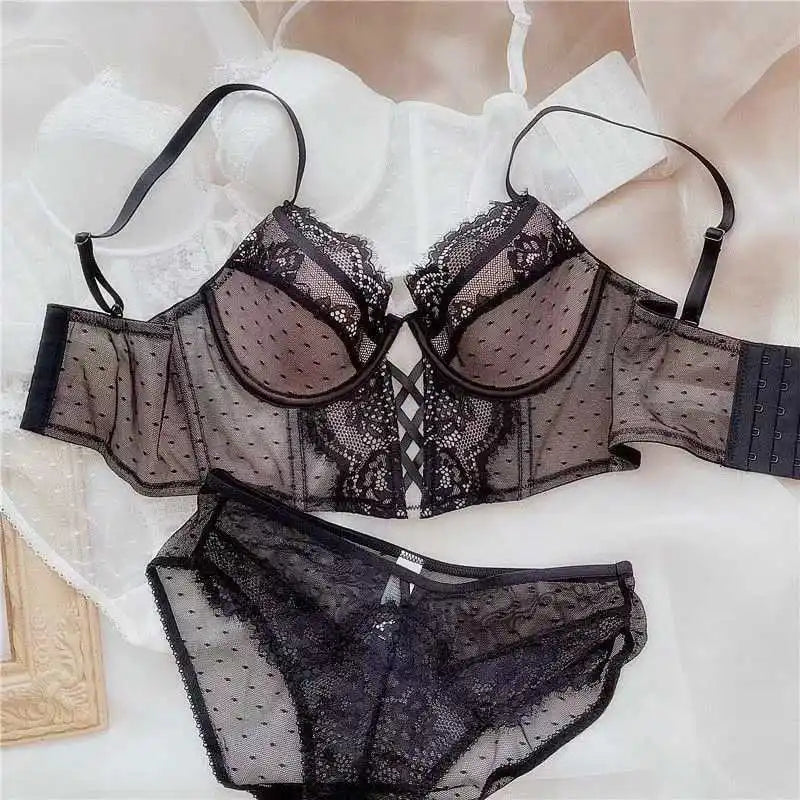 French Lace Push Up Lingerie Set Mulher Thin Underwire Bra Sheer Ruched Chemise Soft Petite Small Bust S-XL Hot Sale