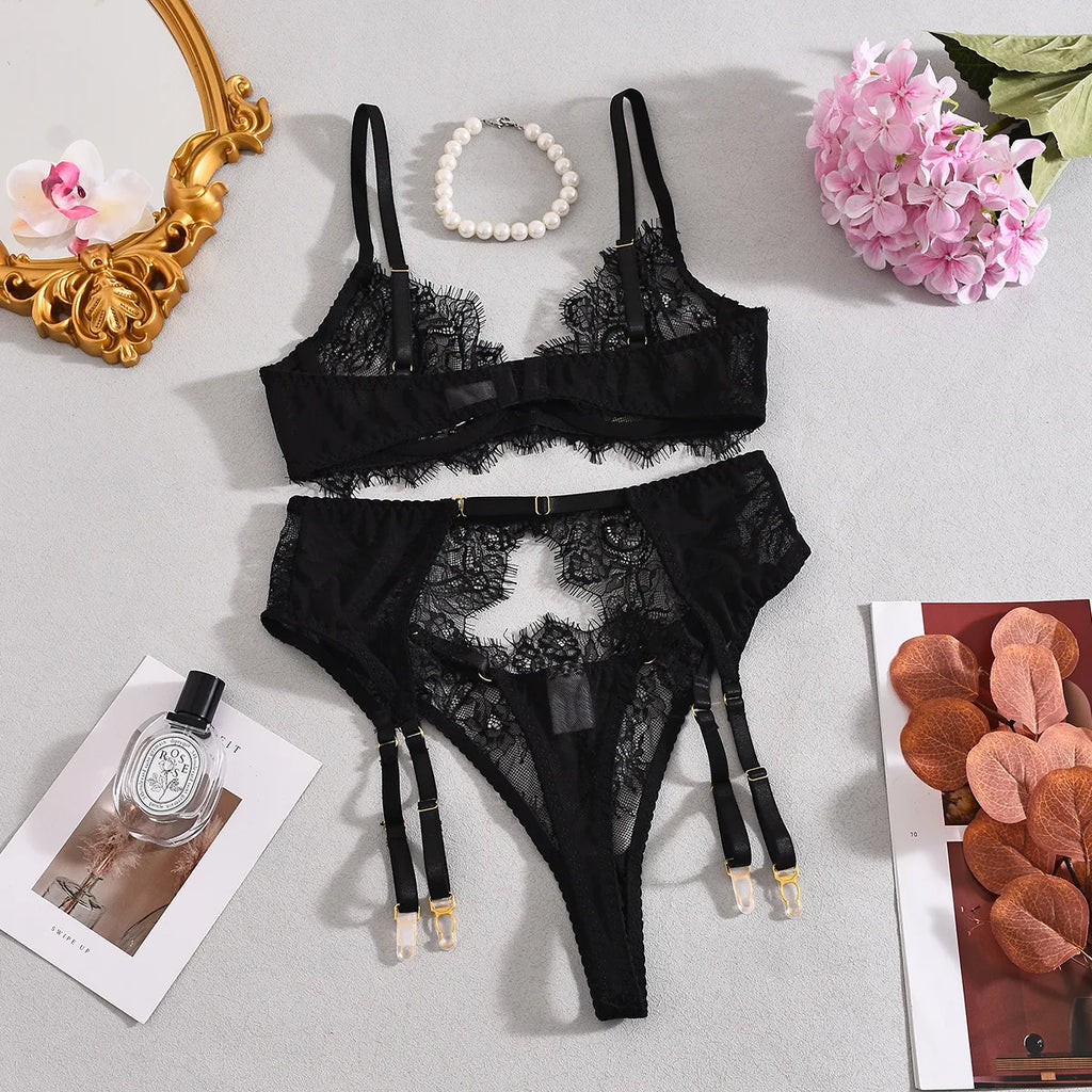 Elegant Lingeries Sexy Hot Exclusive Coffee Bra Belt Thong 3PC with Leg Circles Cute Intimate Lace Tempted Tipsy Set