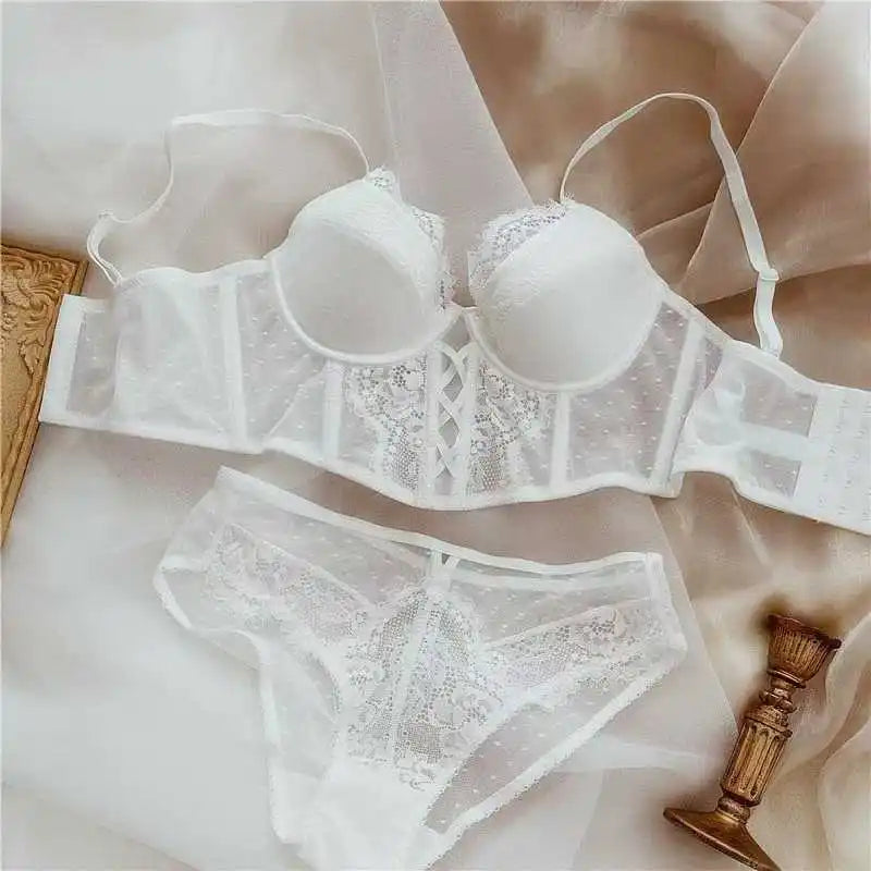 French Lace Push Up Lingerie Set Mulher Thin Underwire Bra Sheer Ruched Chemise Soft Petite Small Bust S-XL Hot Sale