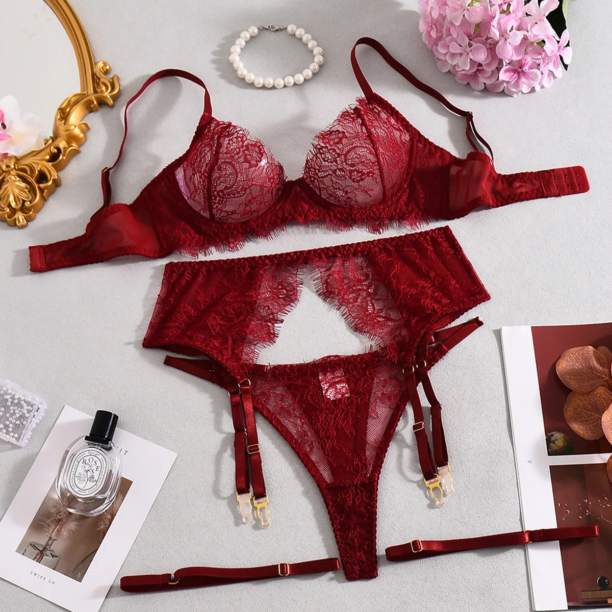 Elegant Lingeries Sexy Hot Exclusive Coffee Bra Belt Thong 3PC with Leg Circles Cute Intimate Lace Tempted Tipsy Set