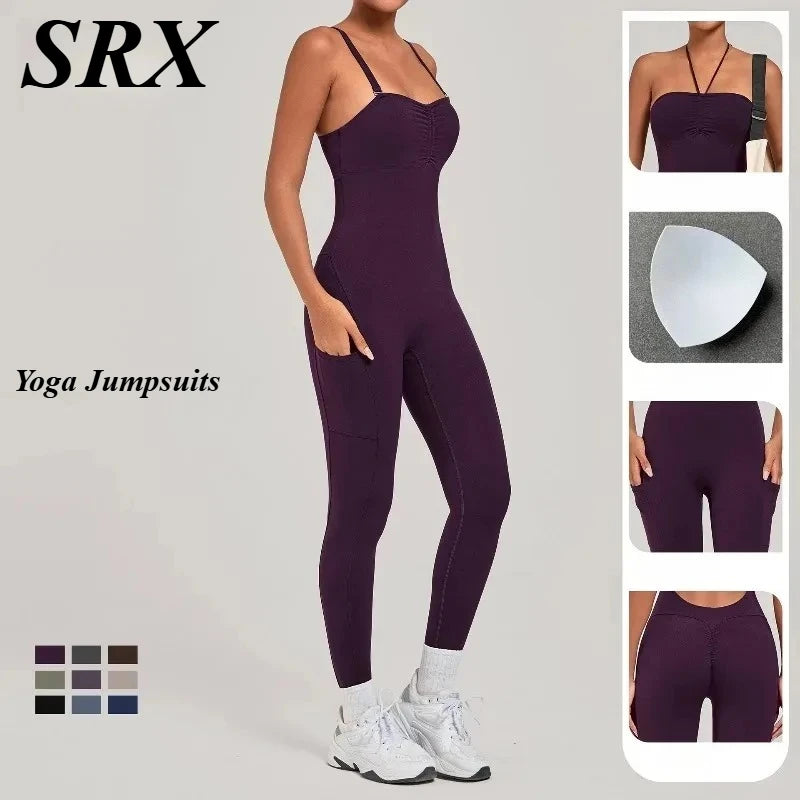 Women's Yoga Jumpsuits Sports Fitness One-piece Beauty Back Strap Pocket Hip-lifting Slim Fit Running Workout Training Bodysuits Secondary image