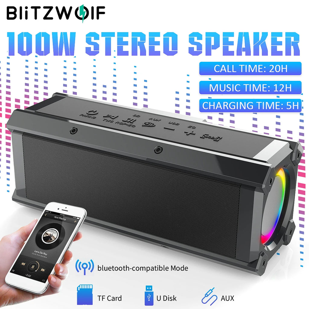 BlitzWolf BW-WA3 100W TWS bluetooth Speaker Quad Drivers Dual Diaphragm Deep Bass RGB Light IPX5 Waterproof 5000mAh Speakers