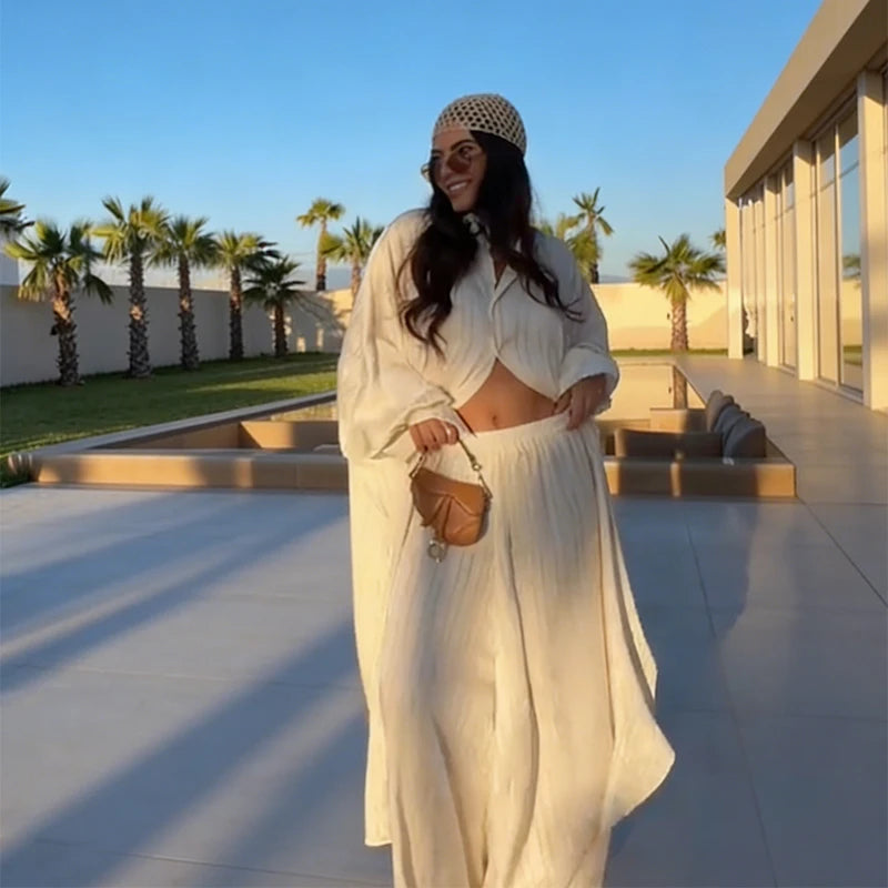 Beige Two Piece Set Women Oversized Button Down Shirt & High Waist Wide Leg Pants Y2k Summer Vacation Kaftan Outfit Secondary image