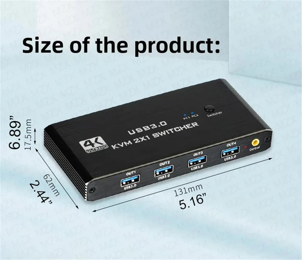 MZX KVM Switch Switcher 4K 60Hz HD4K 2.0 Splitter USB 3.0 Hub Docking Station Dock 2 Computers PC Sharing Keyboard Mouse Printer