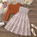 Kid Girl Long Sleeve Bow Design Coat & Beige All Print Shirred-Bodice Sling Dress Set Cute Sweet Elegant Princess Dress For Kids