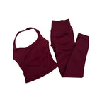 Halter Top Leggings 2-Piece Set Seamless Halterneck Backless Yoga Top+Scrunch Booty Leggings Fitness Gym 2pcs Set
