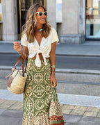 Women's Elastic Waist Printed Large Swing Skirt, Boho Spliced Midi Skirt, Suitable for Beach and Daily Wear
