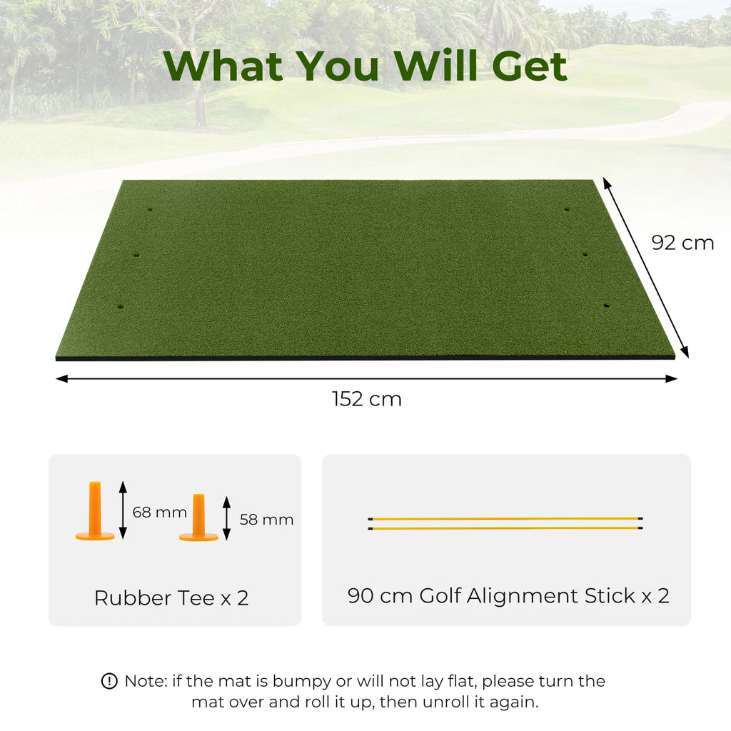 Golf Hitting Mat, 5 ft x 3 ft Artificial Turf Golf Practice Mat w/ 2 Golf Rubber Tees & 2 Alignment Sticks, Portable Golf