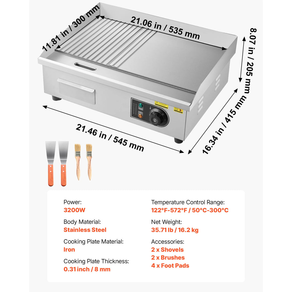 SucceBuy Commercial Electric Griddle 50-300°C Adjustable Temp Control, Stainless Steel Countertop Flat Top Grill for Steak Panc