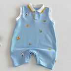 2026 New Summer 0-2Y Baby Clothes Cartoon Print Sleeveless Polo Romper Breathable Mesh Fabric with Placket Snap Closure